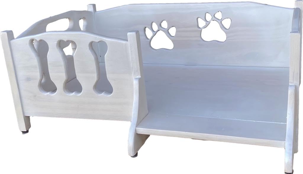 Genérico Cama para Perro en Madera de Pino, Tallada, barnizada en Blanco con veta Madera de Fondo