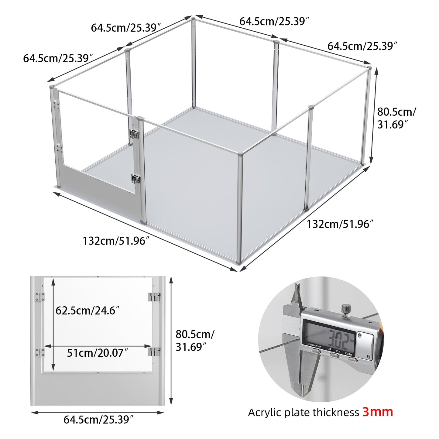 BingoPaw Parque para Perros Grandes Transparente Corral para Perros de Acrílico Espesado 132x132x80.5cm Caja de Parto con Suelo Impermeable de PVC Marco de Alumnio y Puerta Valla Interior
