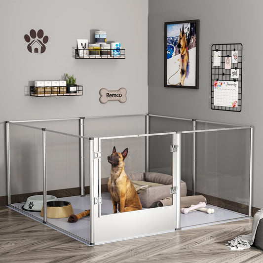 BingoPaw Parque para Perros Grandes Transparente Corral para Perros de Acrílico Espesado 132x132x80.5cm Caja de Parto con Suelo Impermeable de PVC Marco de Alumnio y Puerta Valla Interior