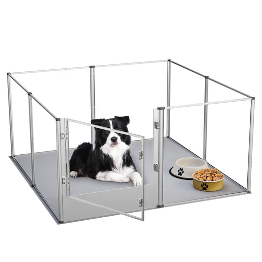 BingoPaw Parque para Perros Grandes Transparente Corral para Perros de Acrílico Espesado 132x132x80.5cm Caja de Parto con Suelo Impermeable de PVC Marco de Alumnio y Puerta Valla Interior