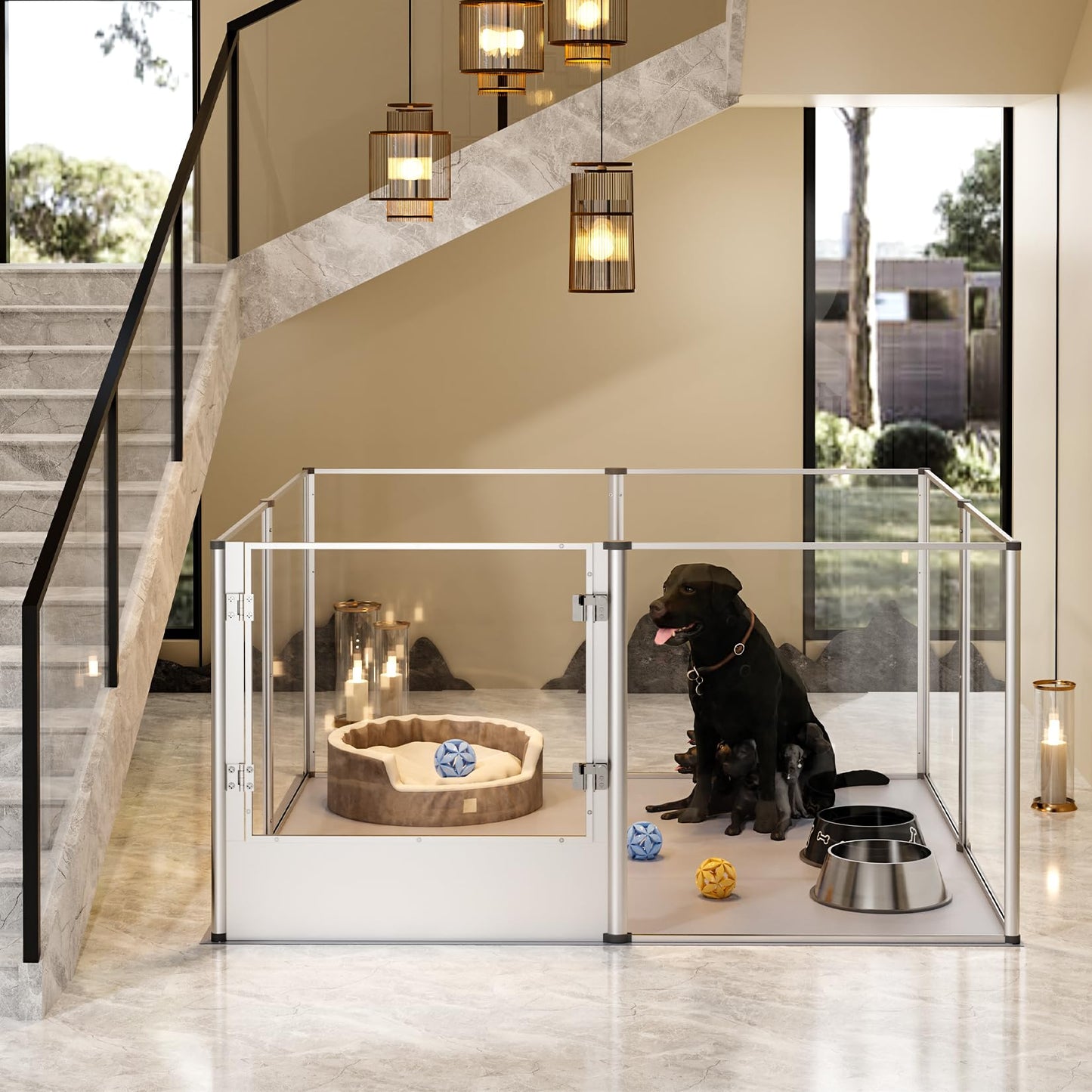 BingoPaw Parque para Perros Grandes Transparente Corral para Perros de Acrílico Espesado 132x132x80.5cm Caja de Parto con Suelo Impermeable de PVC Marco de Alumnio y Puerta Valla Interior