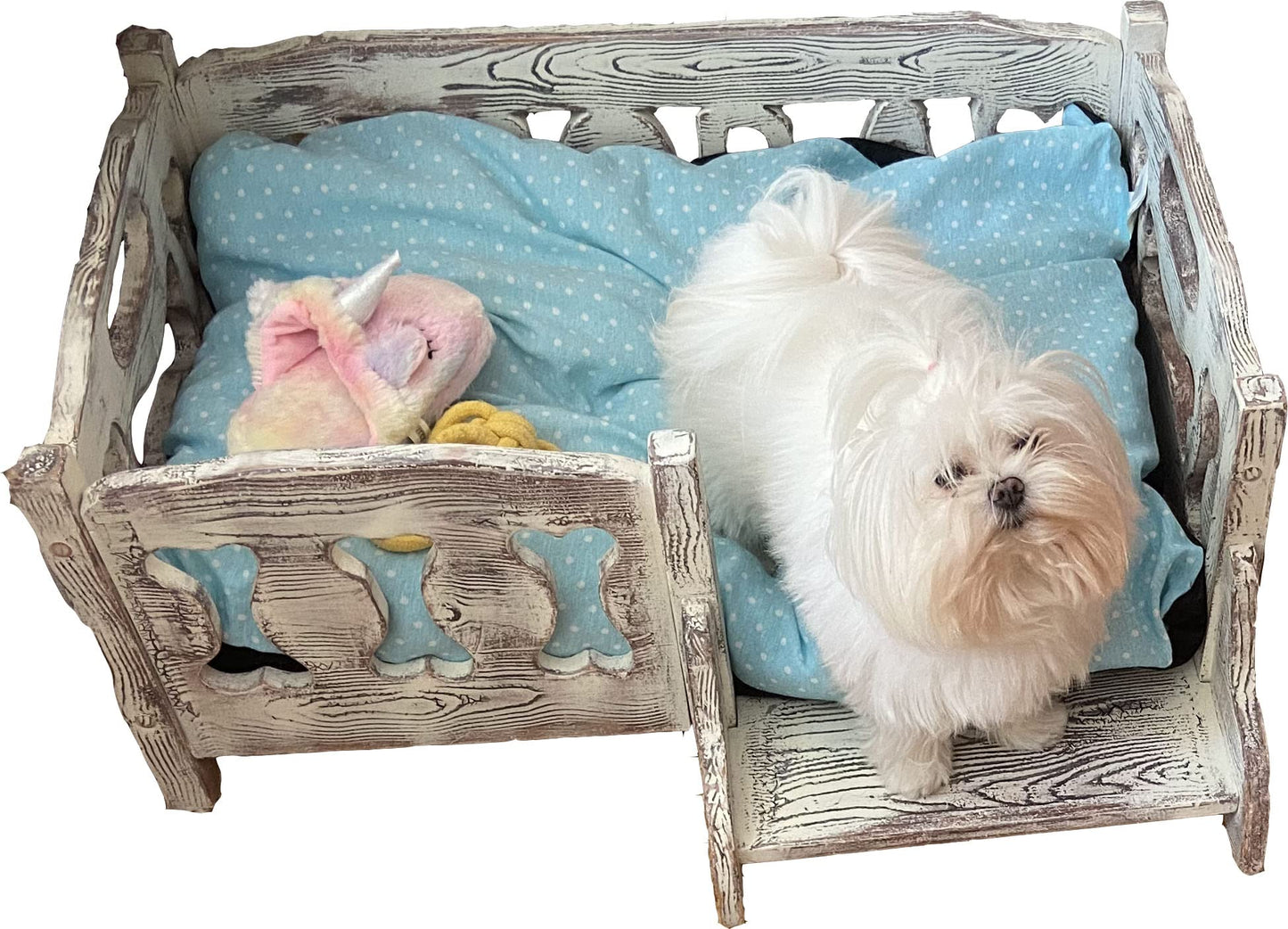 Genérico Cama para Perro en Madera de Pino, Tallada, barnizada en Blanco con veta Madera de Fondo