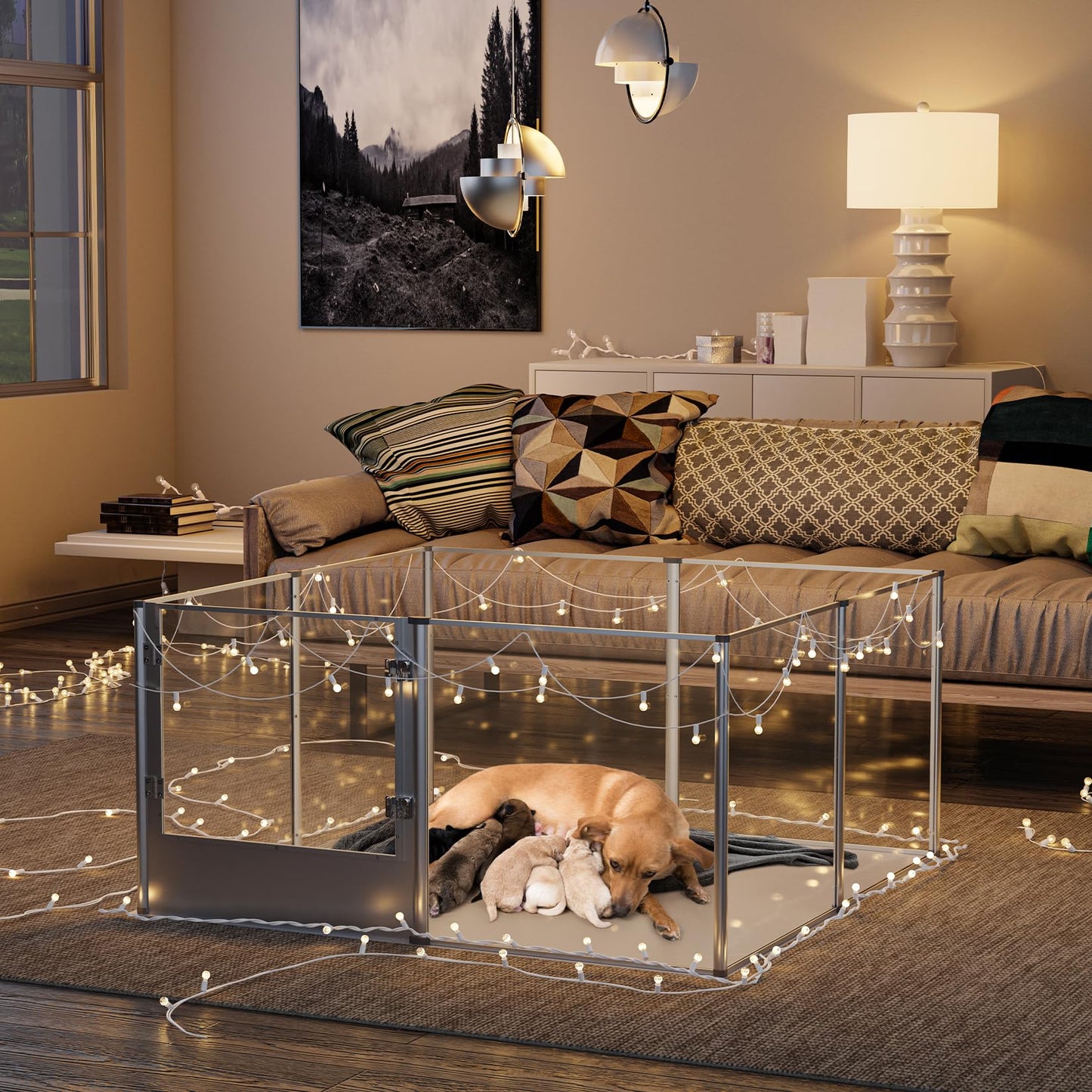 BingoPaw Parque para Perros Grandes Transparente Corral para Perros de Acrílico Espesado 132x132x80.5cm Caja de Parto con Suelo Impermeable de PVC Marco de Alumnio y Puerta Valla Interior