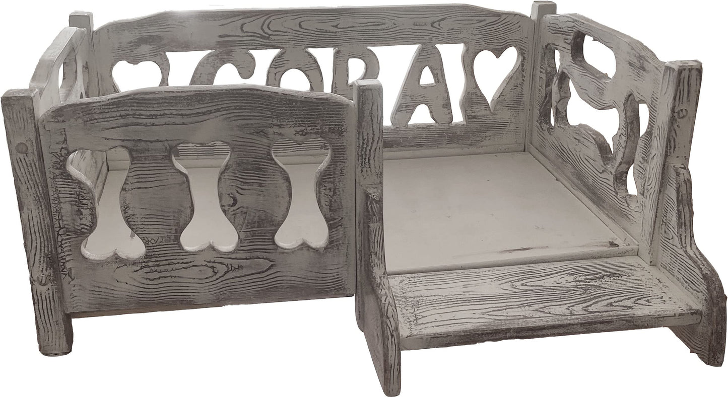 Genérico Cama para Perro en Madera de Pino, Tallada, barnizada en Blanco con veta Madera de Fondo
