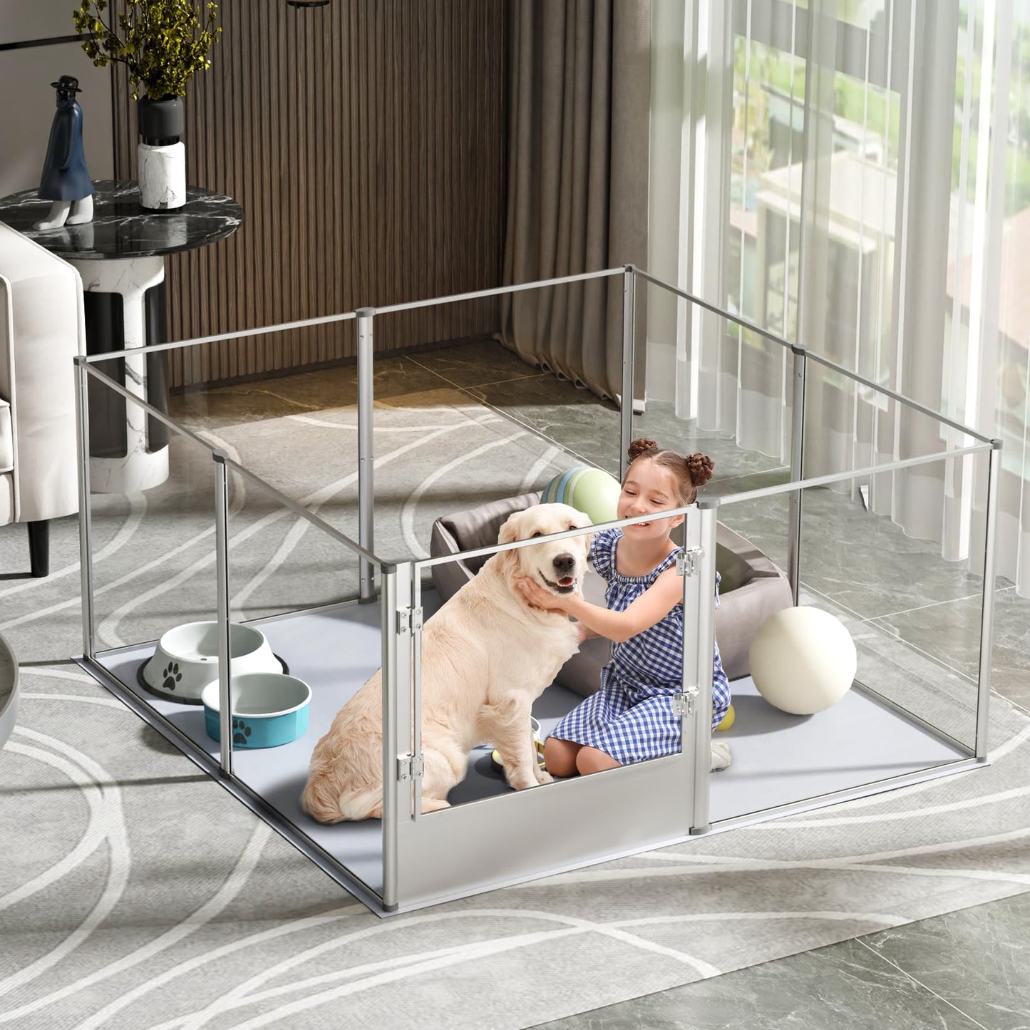 BingoPaw Parque para Perros Grandes Transparente Corral para Perros de Acrílico Espesado 132x132x80.5cm Caja de Parto con Suelo Impermeable de PVC Marco de Alumnio y Puerta Valla Interior
